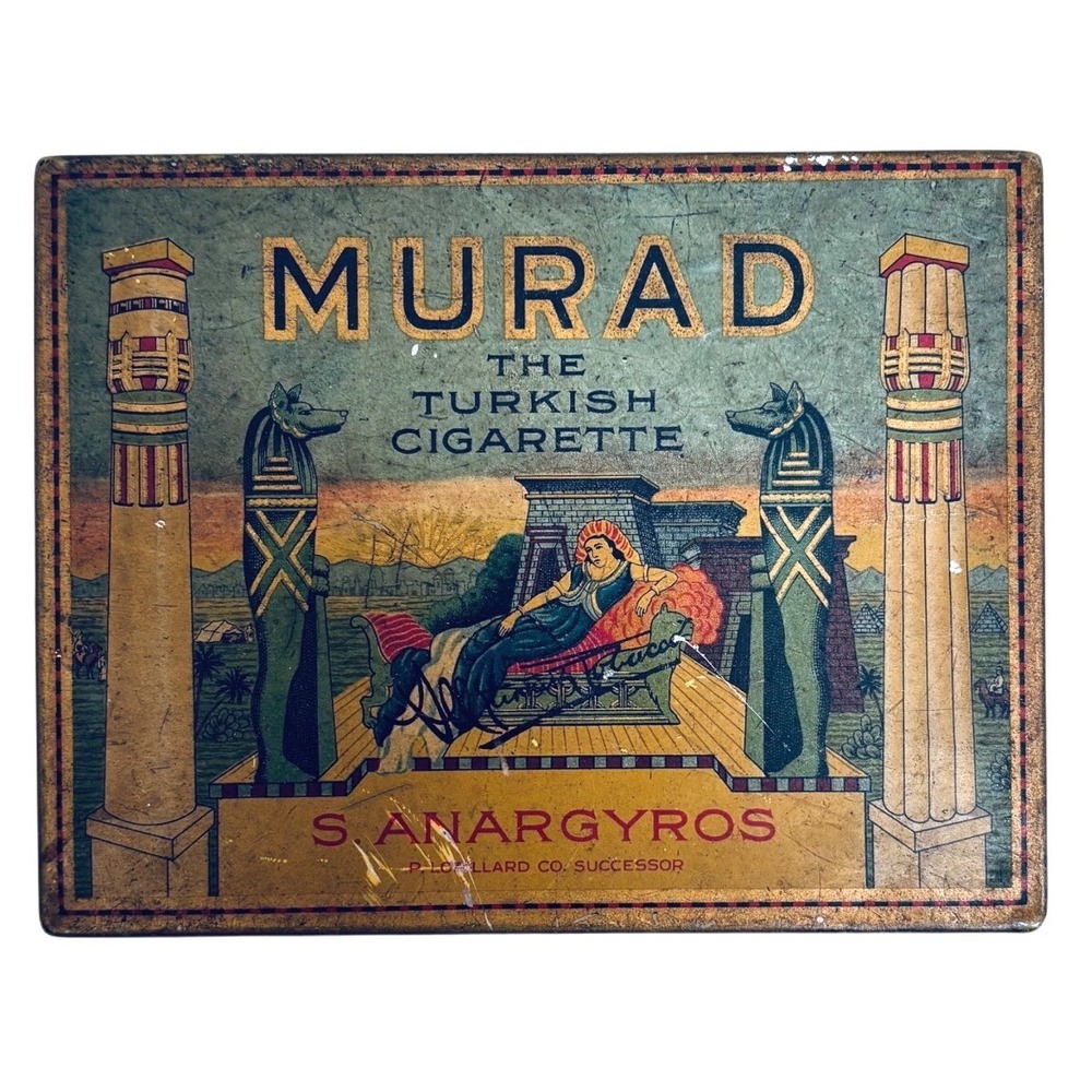 Antique Murad Turkish Cigarette Tin S. Anargyros Lorillard Egyptian Advertising